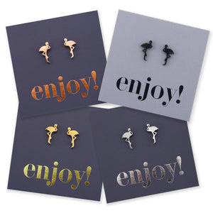 Flamingo shapes stainless steel earring studs on enjoy card.