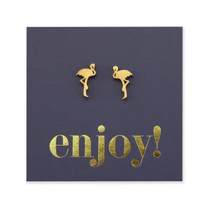 Flamingo shapes stainless steel earring studs on enjoy card.