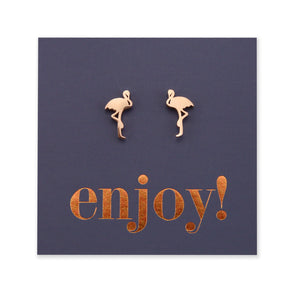 Flamingo shapes stainless steel earring studs on enjoy card.