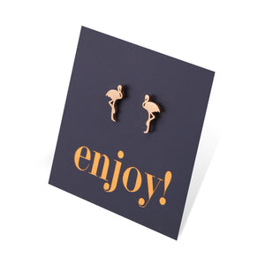 Flamingo shapes stainless steel earring studs on enjoy card.