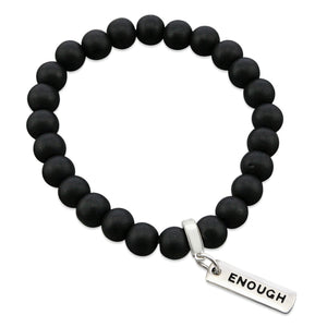 Black onyx stone bead bracelet with silver meaningful charm.