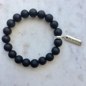Stone Bracelet - Matt Black Onyx Large 10mm Beads - with Word Charms