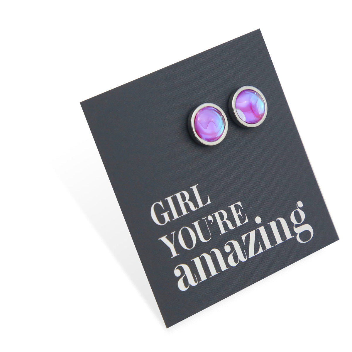Girl You're Amazing - Vintage Silver Stainless Steel 8mm Circle Studs - Iridescent Rhinestone Hyacinth  (13012)