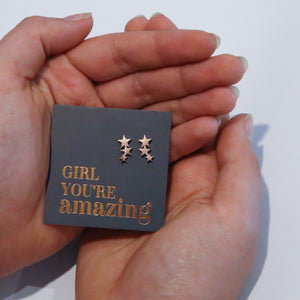 Stainless Steel Earrings. Hypoallergenic studs in Rose Gold, Silver, Black & Gold. Star shaped. Beautiful Gifts by Sister and Soul. Foil feature gift card Girl you are amazing.