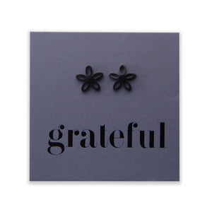 Stainless Steel Geo flower shape earrings. Hypoallergenic studs in Rose Gold, Silver, Black & Gold. Star shaped. Beautiful Gifts by Sister and Soul. Foil feature gift card Girl you are amazing.