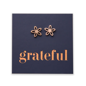 Stainless Steel Geo flower shape earrings. Hypoallergenic studs in Rose Gold, Silver, Black & Gold. Star shaped. Beautiful Gifts by Sister and Soul. Foil feature gift card Girl you are amazing.