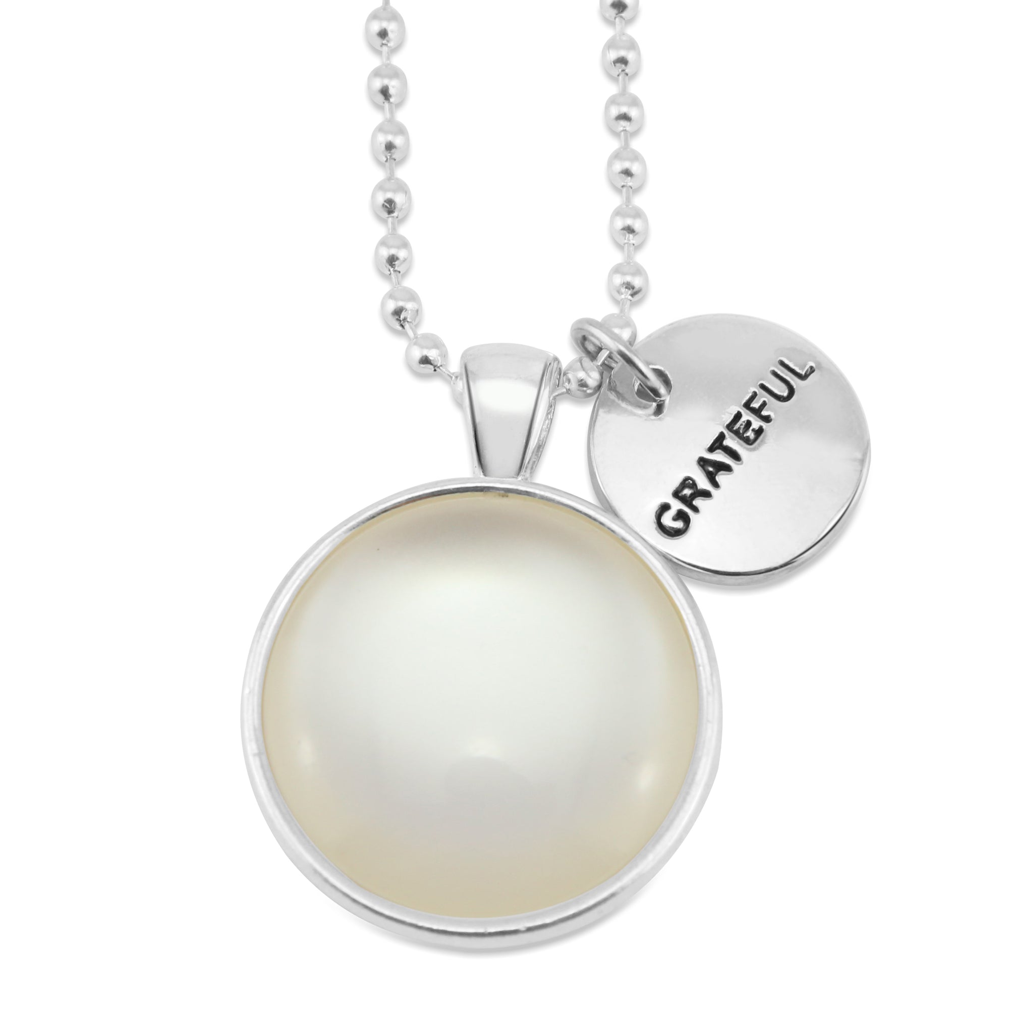 Bright Silver 'GRATEFUL' Necklace - White Pearl Resin (11115)
