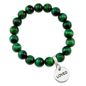 Precious Stone Bracelet - Green Tigers Eye 10mm Bead - with Silver Word Charms