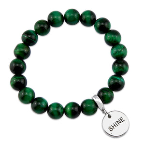 Precious Stone Bracelet - Green Tigers Eye 10mm Bead - with Silver Word Charms