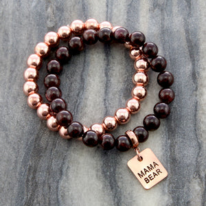 Bracelet Duo! Rose Gold & Garnet bead bracelet stacker set - MAMA BEAR (10853)