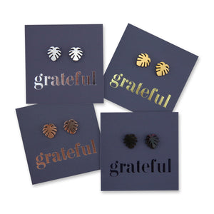 Monstera leaf hypoallergenic stainless steel earring stud, available in black, rose gold, silver or black.