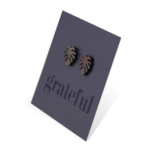 Monstera leaf hypoallergenic stainless steel earring stud, available in black, rose gold, silver or black.