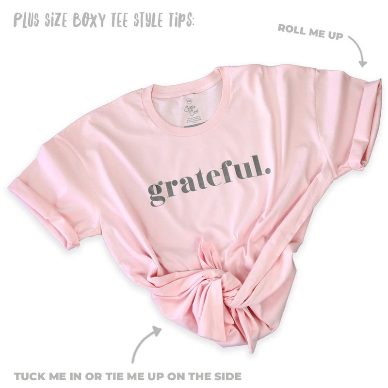 GRATEFUL -  Plus Size Long Boxy Tee - Pink with Charcoal Shimmer Print