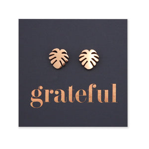 Monstera leaf hypoallergenic stainless steel earring stud, available in black, rose gold, silver or black.