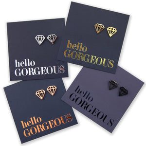 Stainless Steel Geo Diamond shape earrings. Hypoallergenic studs in Rose Gold, Silver, Black & Gold. Star shaped. Beautiful Gifts by Sister and Soul. Foil feature gift card Girl you are amazing.