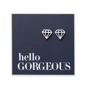 Stainless Steel Geo Diamond shape earrings. Hypoallergenic studs in Rose Gold, Silver, Black & Gold. Star shaped. Beautiful Gifts by Sister and Soul. Foil feature gift card Girl you are amazing.