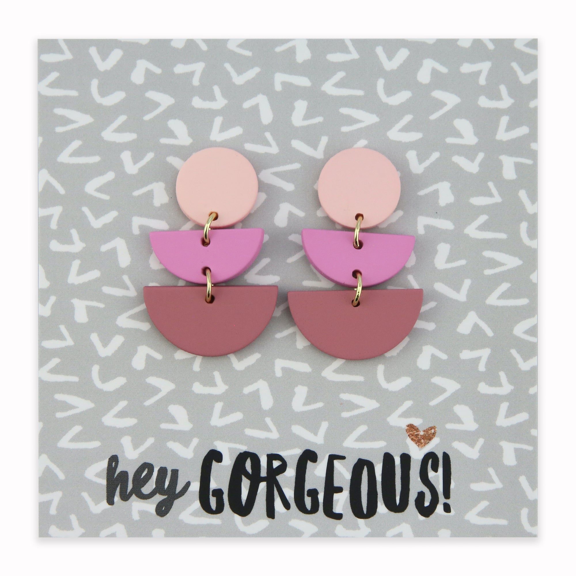 Pink acrylic statement dangle earrings  on hey gorgeous gift card. 