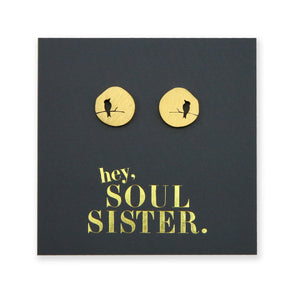 Stainless Steel Earring Studs - Hey Soul Sister - Brushed Gold Bird On A Branch (8710-R)