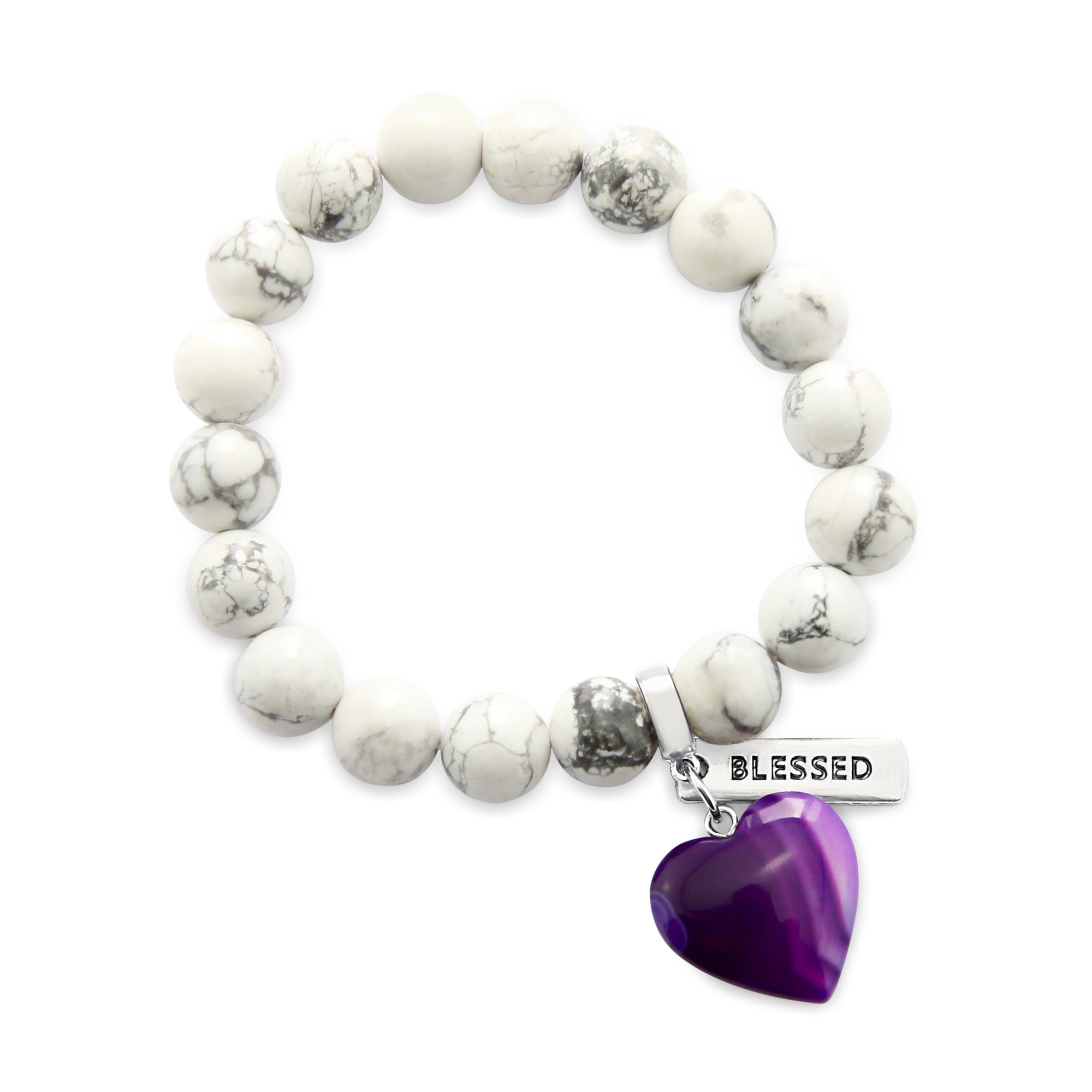 SWEETHEART Bracelet - 10mm WHITE MARBLE with Purple Striped Agate heart charm & Word Charm
