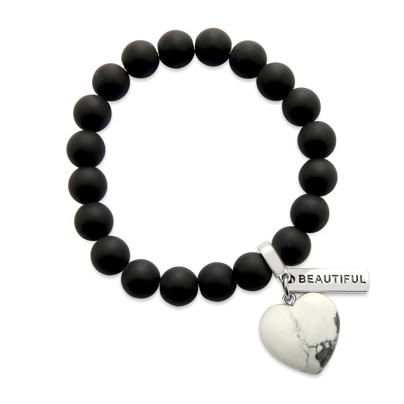 SWEETHEART Bracelet - 10mm MATT BLACK ONYX stone beads with WHITE MARBLE Heart & Word Charm