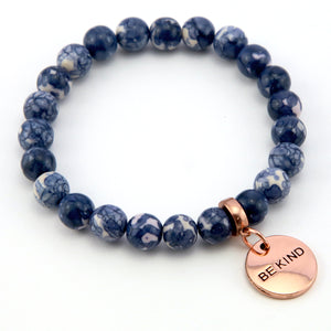 Stone Bracelet - Indigo Nights Patch Agate Stone 8mm Beads - With Rose Gold Word charm
