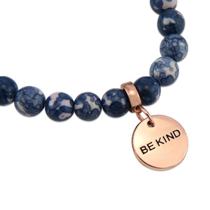 Stone Bracelet - Indigo Nights Patch Agate Stone 8mm Beads - With Rose Gold Word charm