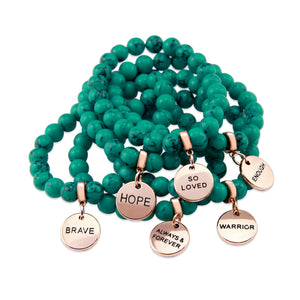 TEAL COLLECTION - Dark Teal Marble Stone 8mm Bead Bracelet - Rose Gold Word Charm