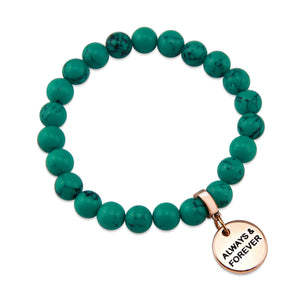 TEAL COLLECTION - Dark Teal Marble Stone 8mm Bead Bracelet - Rose Gold Word Charm