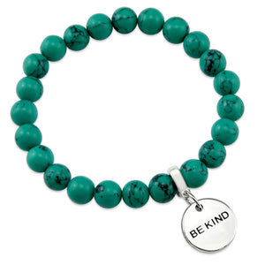 Teal coloured stone bead bracelet with silver meaningful word charm.