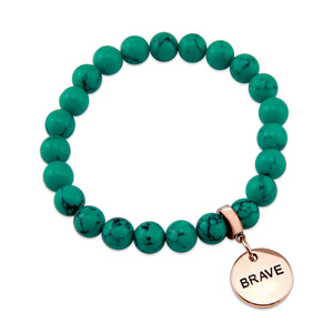 TEAL COLLECTION - Dark Teal Marble Stone 8mm Bead Bracelet - Rose Gold Word Charm