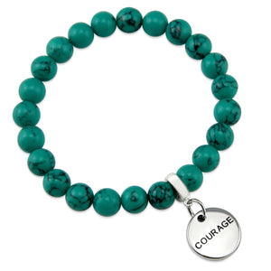 Teal coloured stone bead bracelet with silver meaningful word charm.
