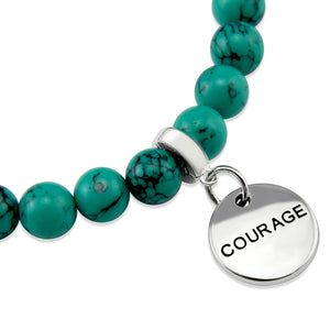 Teal coloured stone bead bracelet with silver meaningful word charm.
