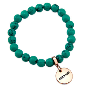 Teal coloured stone bead bracelet with rose gold charm
