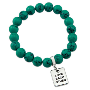 TEAL COLLECTION - Dark Teal Marble Stone 10mm Bead Bracelet - Silver Word Charms