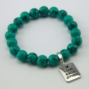 TEAL COLLECTION - Dark Teal Marble Stone 10mm Bead Bracelet - Silver Word Charms