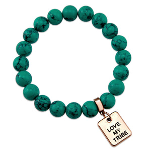 TEAL COLLECTION - Dark Teal Marble Stone 10mm Bead Bracelet - Rose Gold Word Charms