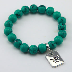 TEAL COLLECTION - Dark Teal Marble Stone 10mm Bead Bracelet - Silver Word Charms