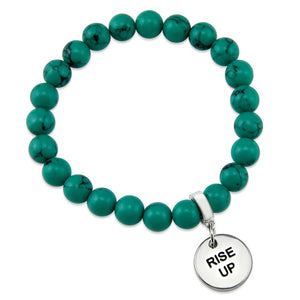 Teal coloured stone bead bracelet with silver meaningful word charm.