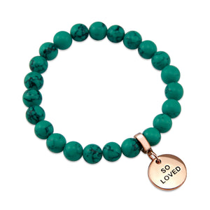 TEAL COLLECTION - Dark Teal Marble Stone 8mm Bead Bracelet - Rose Gold Word Charm