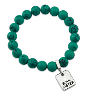TEAL COLLECTION - Dark Teal Marble Stone 10mm Bead Bracelet - Silver Word Charms