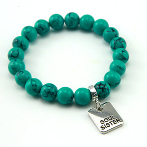 TEAL COLLECTION - Dark Teal Marble Stone 10mm Bead Bracelet - Silver Word Charms