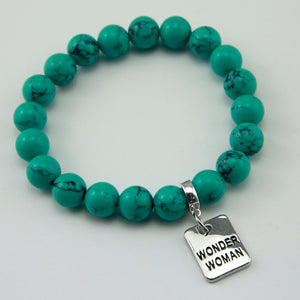 TEAL COLLECTION - Dark Teal Marble Stone 10mm Bead Bracelet - Silver Word Charms