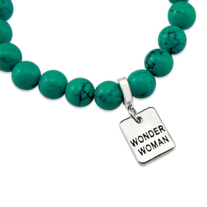 TEAL COLLECTION - Dark Teal Marble Stone 10mm Bead Bracelet - Silver Word Charms