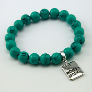 TEAL COLLECTION - Dark Teal Marble Stone 10mm Bead Bracelet - Silver Word Charms