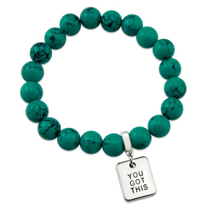 TEAL COLLECTION - Dark Teal Marble Stone 10mm Bead Bracelet - Silver Word Charms