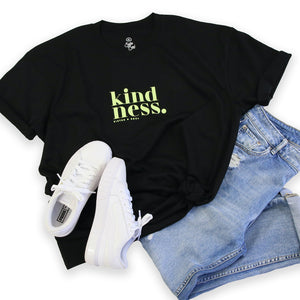 Kindness - Plus Size Long Boxy Tee - Black with Soft Lime Print