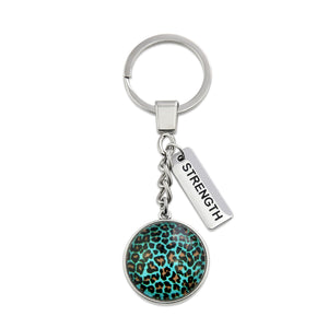 TEAL COLLECTION - Vintage Silver 'STRENGTH' Keyring - Lagoon Leopard (12154)