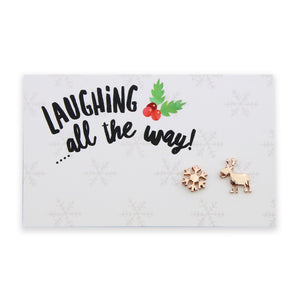 Laughing All The Way - Reindeer & Snowflake Earring Studs - Rose Gold (8516)