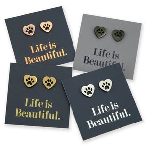 Stainless Steel Earring Studs - Life Is Beautiful - HEART PAW PRINTS