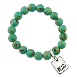 Teal coloured stone bead bracelet with meaningful word charm.